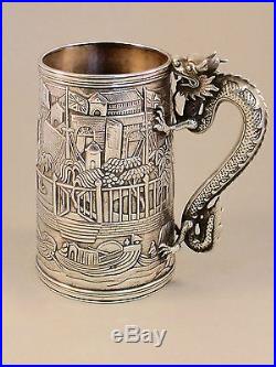 Antique Import Hallmarked Chinese Leeching Silver Tankard Dragon Style Handle