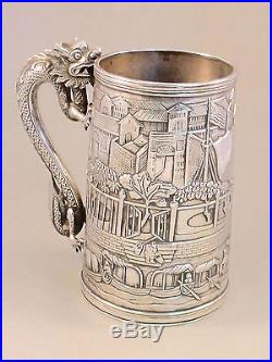 Antique Import Hallmarked Chinese Leeching Silver Tankard Dragon Style Handle