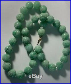 Antique Jade Carved Dragon Bead Chinese Necklace Estate Lot RARE Apple Green 14k