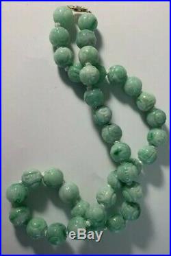 Antique Jade Carved Dragon Bead Chinese Necklace Estate Lot RARE Apple Green 14k