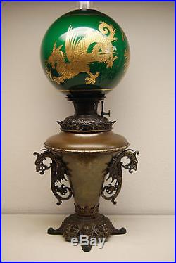 Antique Kerosene Oil Gwtw B&h Chinese Dragon Emerald Green Victorian Parlor Lamp