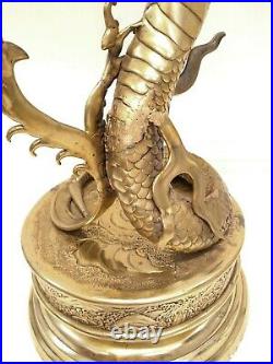Antique Large 39´´ Signed Asian Chinese Brass Dragon Figural Banquet Oil Lamp