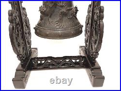 Antique Large 39´´chinese Temple Dragon Bell Gong Wooden Stand Figural