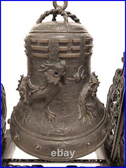 Antique Large 39´´chinese Temple Dragon Bell Gong Wooden Stand Figural