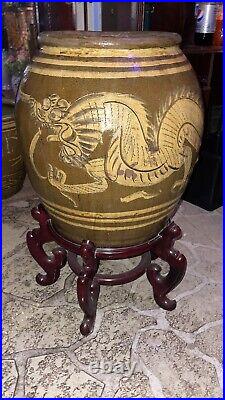 Antique Large Chinese Dragon Egg Pot Jardiniere Planter, 24 Brown Glaze