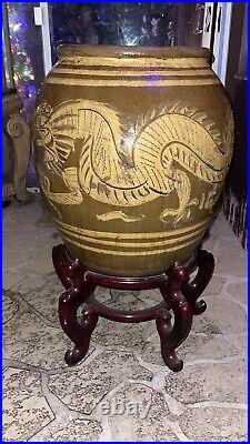 Antique Large Chinese Dragon Egg Pot Jardiniere Planter, 24 Brown Glaze