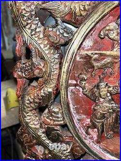 Antique MASSIVE Chinese Wood Carved Panel Wall Hanging 3d Gold 22x16 Dragon Men