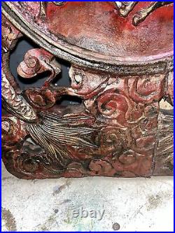 Antique MASSIVE Chinese Wood Carved Panel Wall Hanging 3d Gold 22x16 Dragon Men