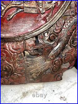 Antique MASSIVE Chinese Wood Carved Panel Wall Hanging 3d Gold 22x16 Dragon Men