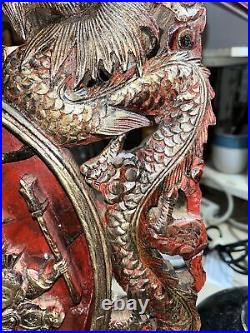 Antique MASSIVE Chinese Wood Carved Panel Wall Hanging 3d Gold 22x16 Dragon Men