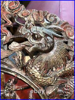 Antique MASSIVE Chinese Wood Carved Panel Wall Hanging 3d Gold 22x16 Dragon Men