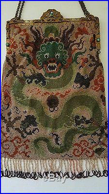Antique Micro Beaded Figural Purse Bag Chinese Dragon Jeweled Frame