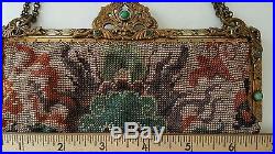 Antique Micro Beaded Figural Purse Bag Chinese Dragon Jeweled Frame