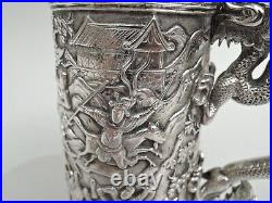 Antique Mug Large Dragon Battle Export China Trade Asian Chinese Silver C 1865