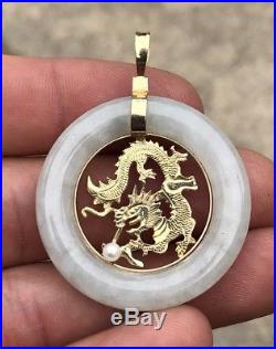 Antique Old Chinese 14k Solid Yellow Gold Dragon White Jade & Pearl Pendant