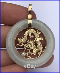 Antique Old Chinese 14k Solid Yellow Gold Dragon White Jade & Pearl Pendant