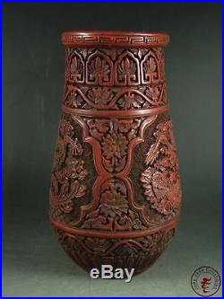 Antique Old Chinese Cinnabar Lacquer Made Big Vase Pot Statue DRAGONS CARVED