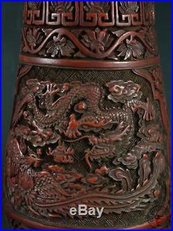 Antique Old Chinese Cinnabar Lacquer Made Big Vase Pot Statue DRAGONS CARVED