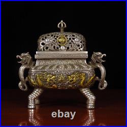 Antique Old Chinese Dynasty Bronze Gilt Palace Dragon Incense Burner Censer