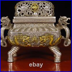 Antique Old Chinese Dynasty Bronze Gilt Palace Dragon Incense Burner Censer