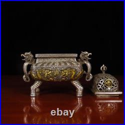 Antique Old Chinese Dynasty Bronze Gilt Palace Dragon Incense Burner Censer