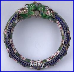 Antique Old Chinese Export Silver Enamel Dragon Multi Jeweled Bangle Bracelet