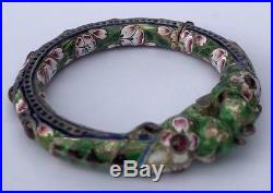 Antique Old Chinese Export Silver Enamel Dragon Multi Jeweled Bangle Bracelet