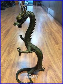 Antique Old Chinese Fengshui Standing Dragon Bronze Loong Success Statue 19