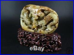Antique Old Chinese Nephrite Celadon Jade Mountain Statue DOUBLE POWERFUL DRAGON