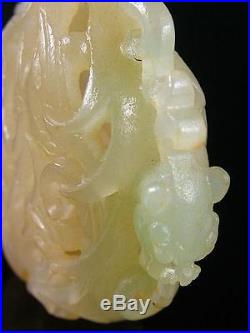 Antique Old Chinese Nephrite Celadon Jade Snuff Bottle Open Relief DRAGON PHOENI
