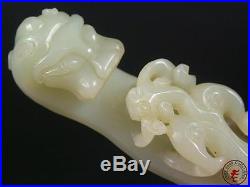Antique Old Chinese Nephrite White Jade Belt Hook Buckle DRAGON & SON Qing Dy