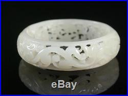 Antique Old Chinese Nephrite White Jade Bracelet Bangle DRAGON PHOEN OPEN RELIEF