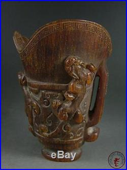 Antique Old Chinese Ox Horn Carved Wine Cup Statue HORNLESS DRAGON&ELEPHANT HEAD