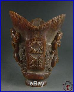 Antique Old Chinese Ox Horn Carved Wine Cup Statue HORNLESS DRAGON&ELEPHANT HEAD