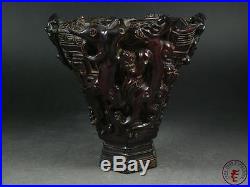 Antique Old Chinese Ox Horn Carved Wine Cup Statue HORNLESS DRAGONS