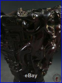 Antique Old Chinese Ox Horn Carved Wine Cup Statue HORNLESS DRAGONS