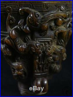 Antique Old Chinese Ox Horn Carved Wine Cup Statue HORNLESS DRAGONS DECORATED