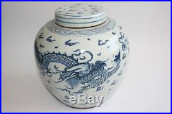 Antique Old Chinese Porcelain Blue White Dragon Large Jar with Lid Marks