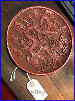 Antique Old Chinese Red Craved Dragon Plate It Marked And Signed Asian China