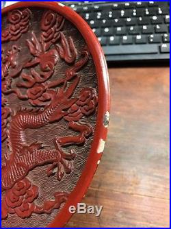 Antique Old Chinese Red Craved Dragon Plate It Marked And Signed Asian China