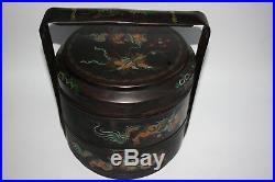 Antique /Old Chinese Wooden Lacquer Hand Painted Dragon Two Tiered Food Box
