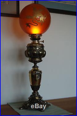 Antique Old Kerosene Oil Banquet Parlor Glass Victorian Gwtw Chinese Dragon Lamp