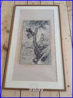 Antique Old Korean Chinese Dragon Fishermen Watercolour Painting Scroll Framed
