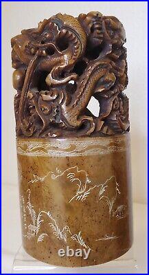 Antique Or Vintage Chinese Dragon Soapstone Carving Signed Inscribed
