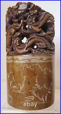 Antique Or Vintage Chinese Dragon Soapstone Carving Signed Inscribed