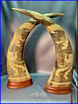 Antique Pair Chinese Asian Carved Dragons Birds Powder Ox Steer Horns Statues
