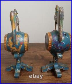 Antique Pair Chinese Cloisonne Enamel Dragon Table Ornaments Drum Cockerel 10