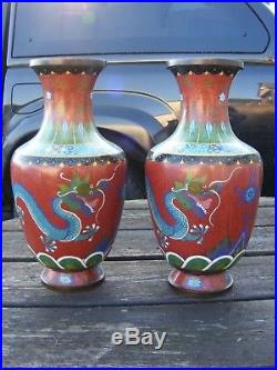 Antique Pair Of Chinese Cloisonne Large Dragon Vases