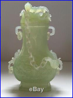 Antique Qing Celadon Jade Chinese Hand Carved Urn Vase With Lid Dragon
