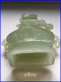 Antique Qing Celadon Jade Chinese Hand Carved Urn Vase With Lid Dragon